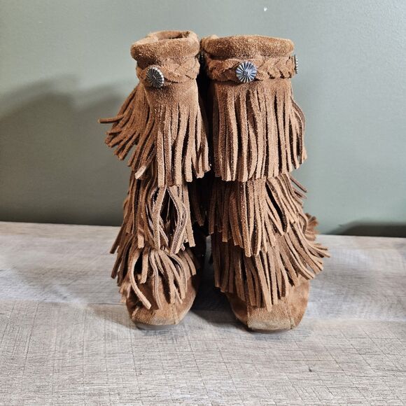 Minnetonka Womens 3 Brown Rust Suede Leather Fringe 3 Layer Tall Boots Moccasin - Picture 3 of 12